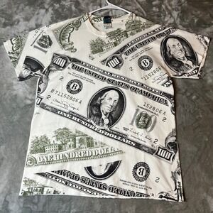 Vintage 90s All Over Money Print T Shirt Franklin single stitch Top bottom  Lrg